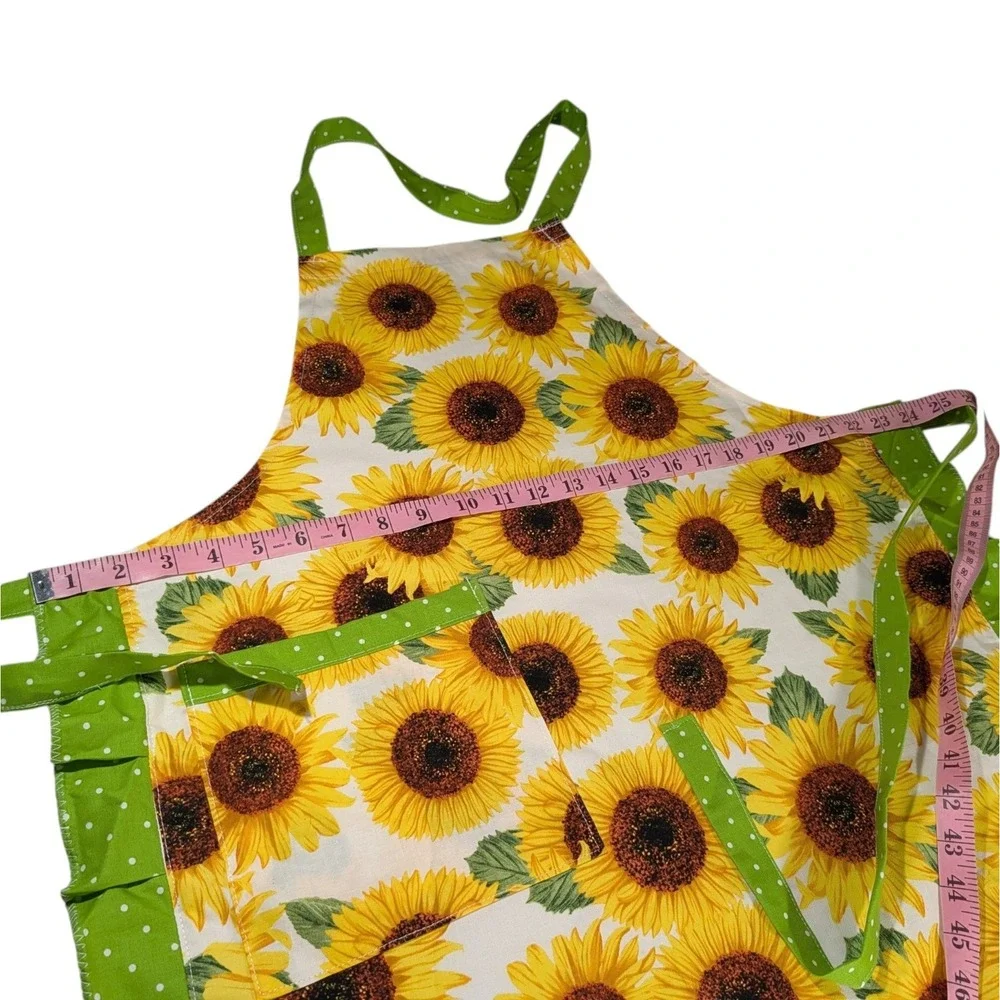 New Handmade Bib Apron Sunflower Pocket Ruffles Kitchen Cooking Baking